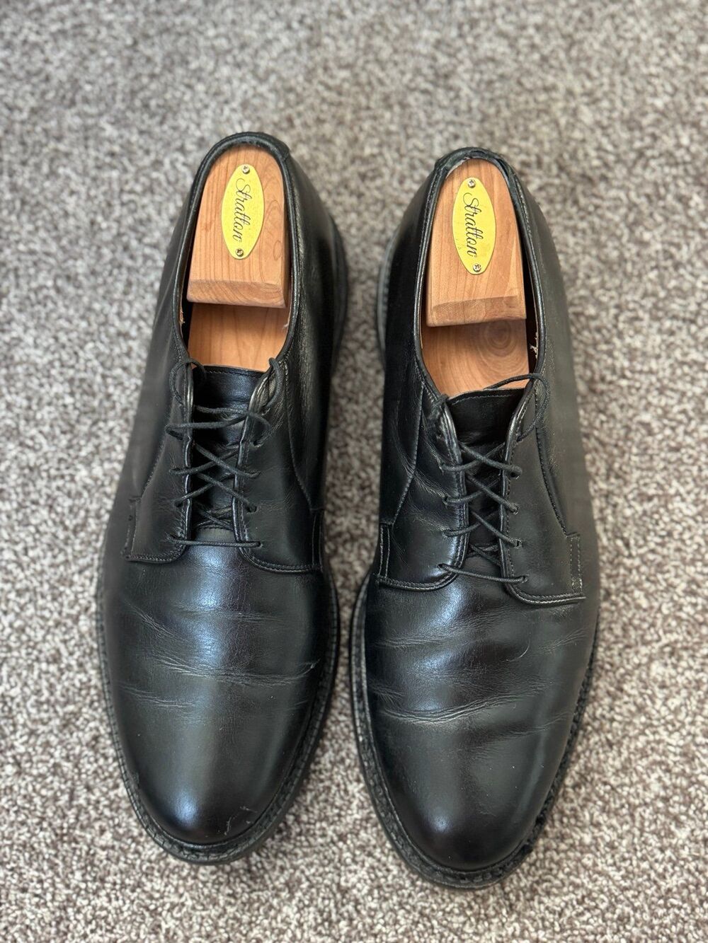 Allen Edmonds Leeds 9521 Black Leather Plain Toe Blucher Derby Dress Shoes 11.5